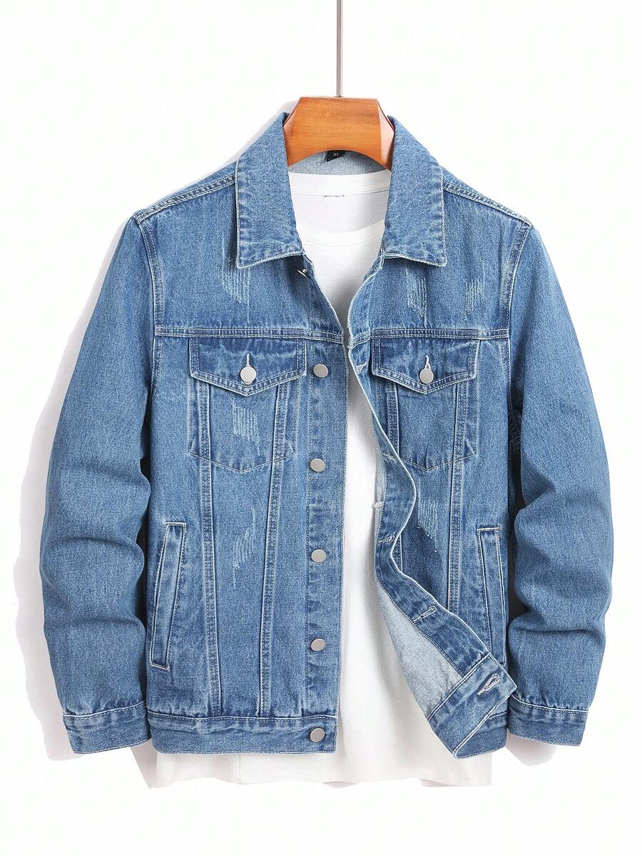 Manfinity Homme Men's Distressed Long Sleeve Denim Jacket, Dark Cotton Plain Black Party Grunge Rapper Going Out Vacation National Park Urban Gym, For Fall