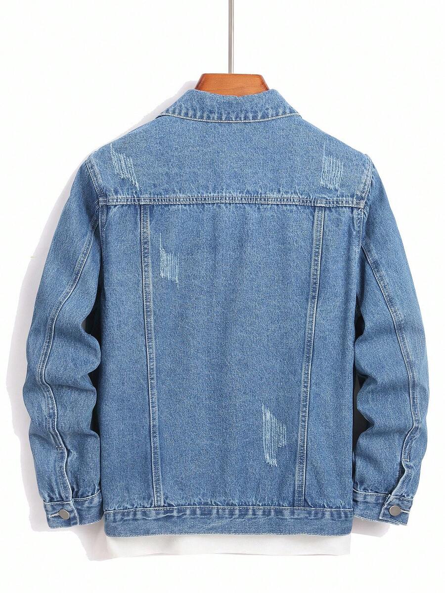 Manfinity Homme Men's Distressed Long Sleeve Denim Jacket, Dark Cotton Plain Black Party Grunge Rapper Going Out Vacation National Park Urban Gym, For Fall