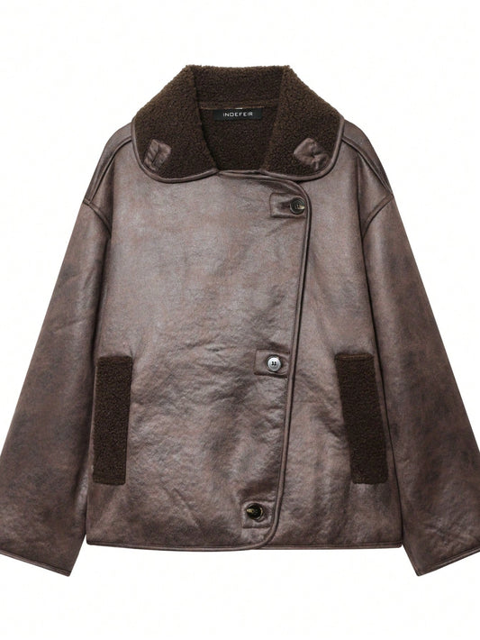 DEEKA Women Autumn/Winter Faux Fur Collar Reversible Fleece Jacket