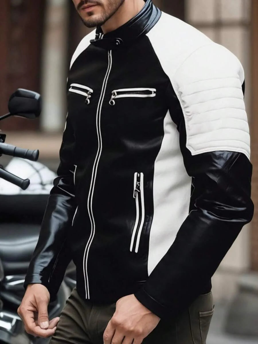 Men's Zipper Closure Long Sleeve Fitted Casual PU Leather Biker Jacket