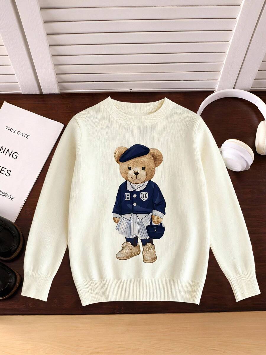 1pc Girls Casual Vintage Leopard Print Bow Graphic Long Sleeve Sweater, Suitable For Autumn/Winter Everyday Indoor