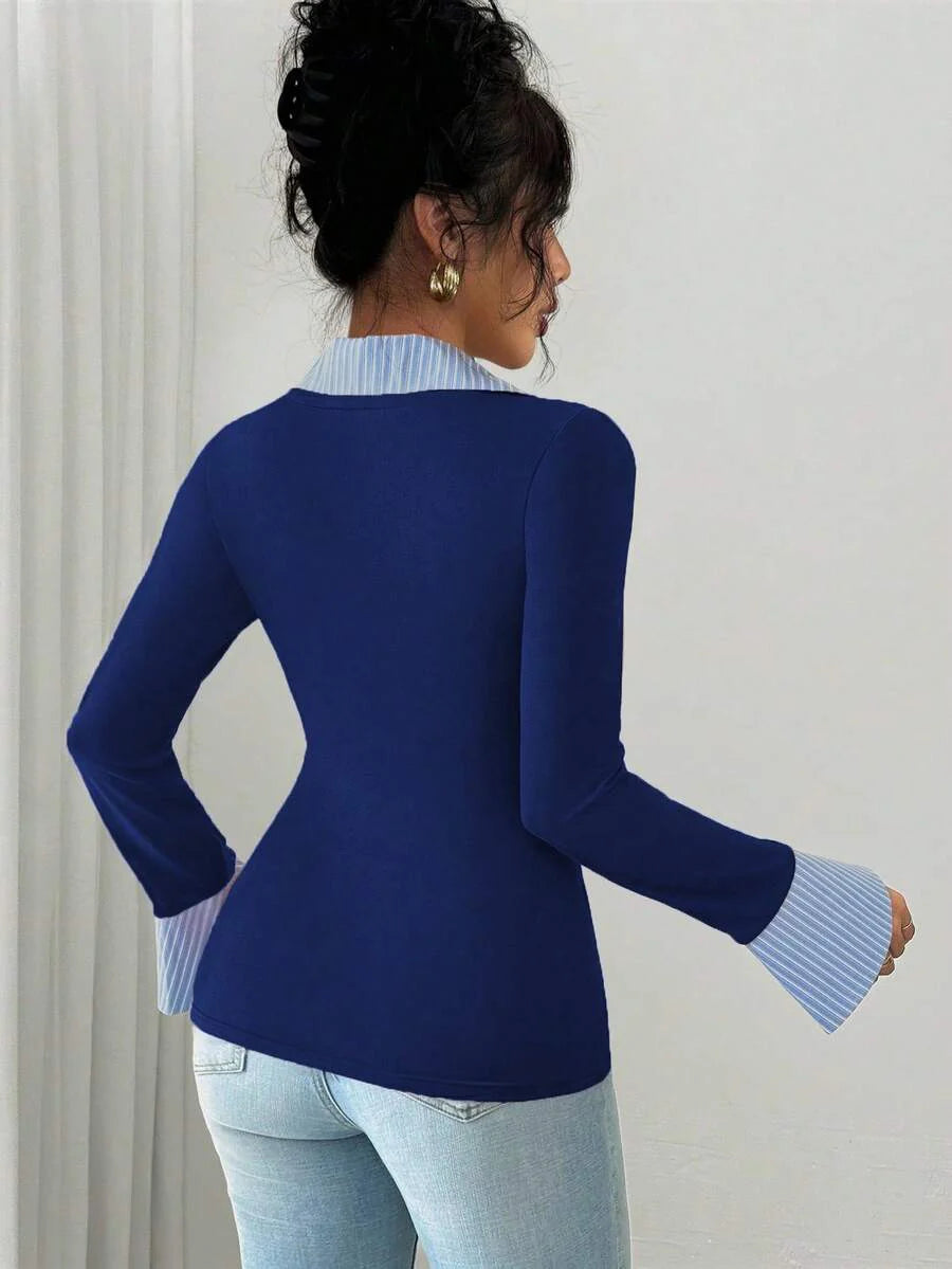 Selianne Elegant Commuter Striped Collared Flared Long Sleeve Knitted T-Shirt For Women