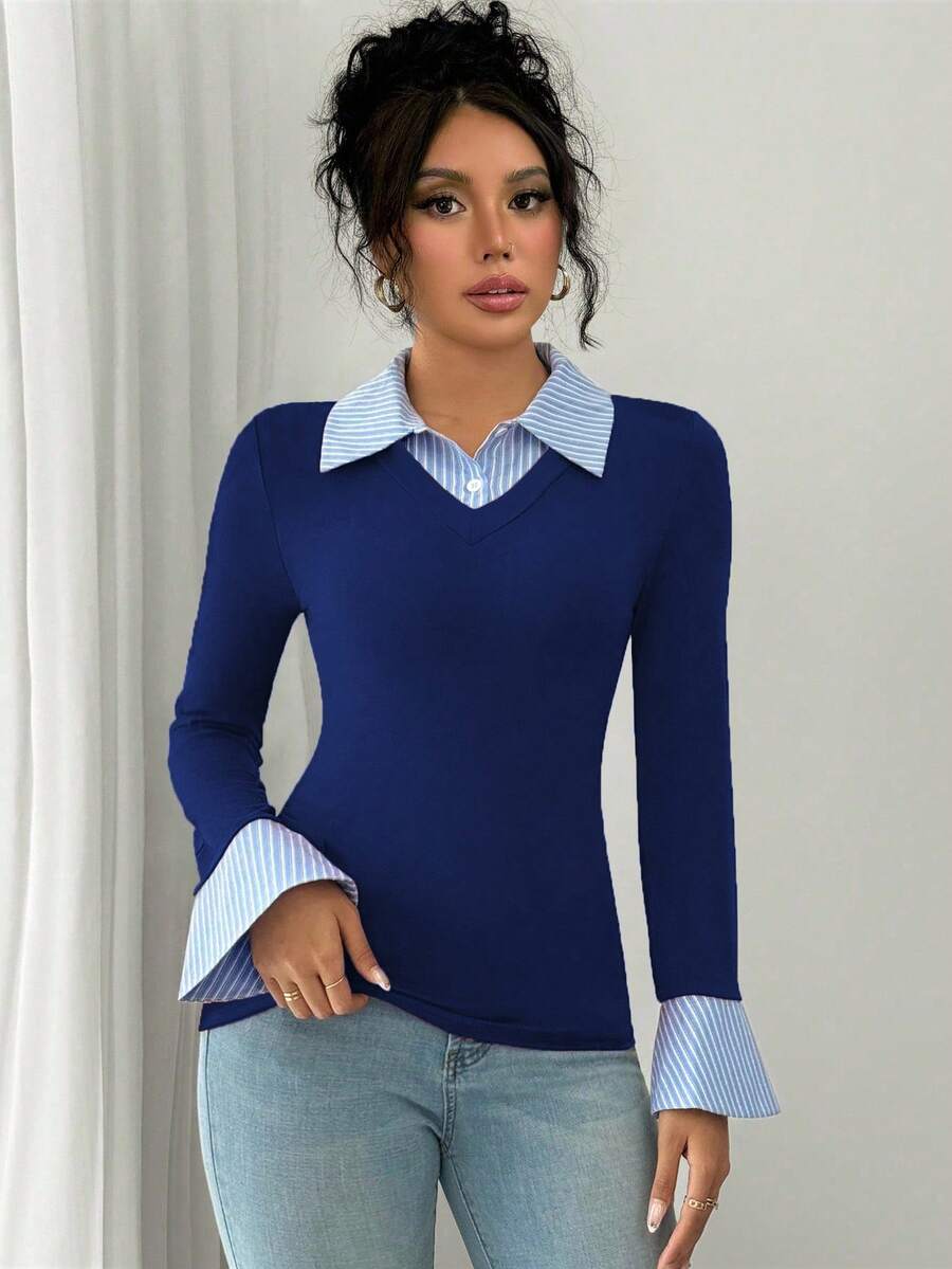 Selianne Elegant Commuter Striped Collared Flared Long Sleeve Knitted T-Shirt For Women