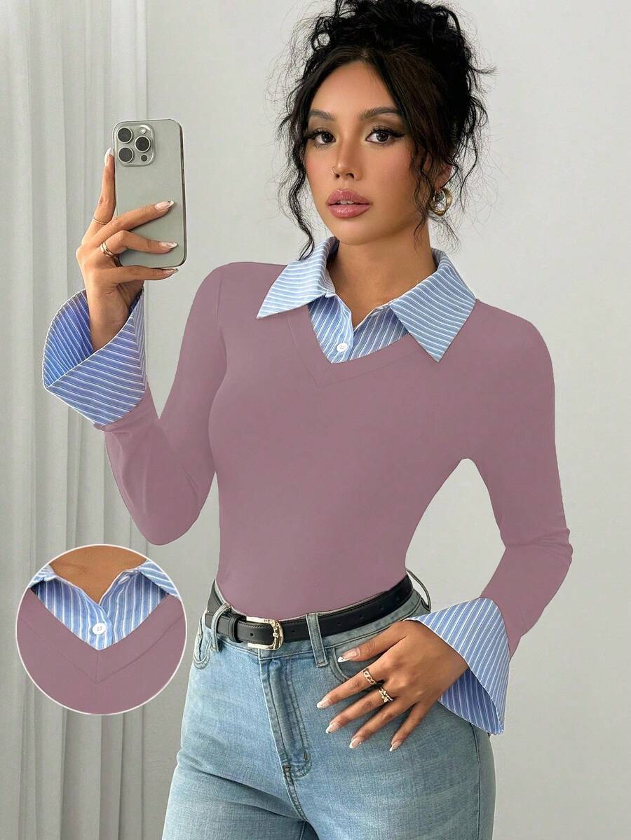 Selianne Elegant Commuter Striped Collared Flared Long Sleeve Knitted T-Shirt For Women