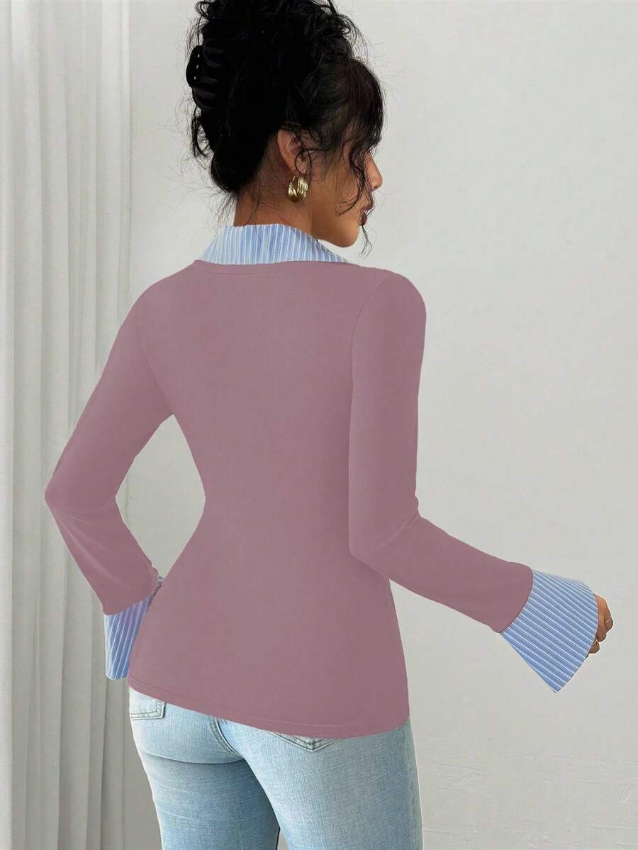 Selianne Elegant Commuter Striped Collared Flared Long Sleeve Knitted T-Shirt For Women