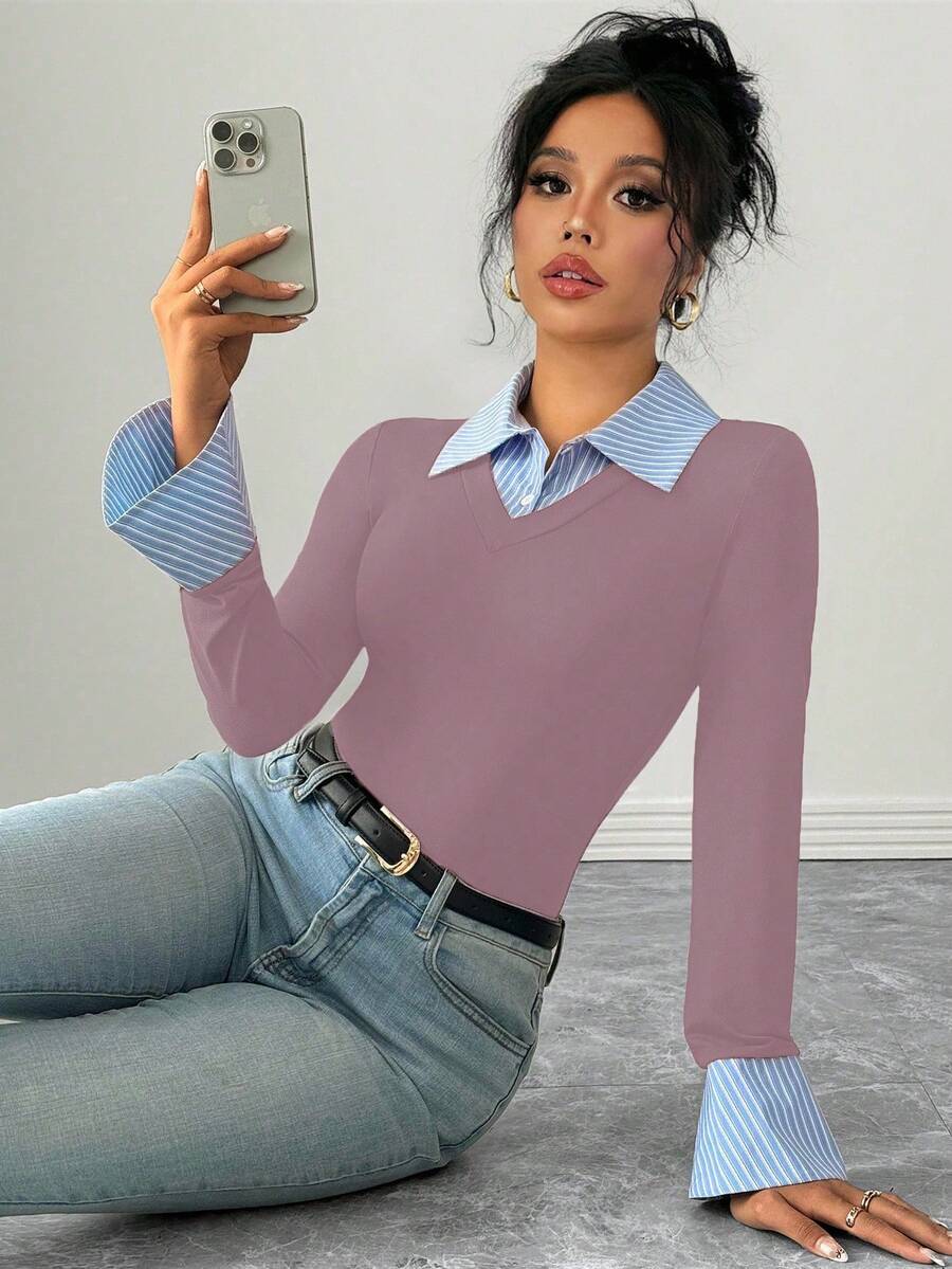 Selianne Elegant Commuter Striped Collared Flared Long Sleeve Knitted T-Shirt For Women