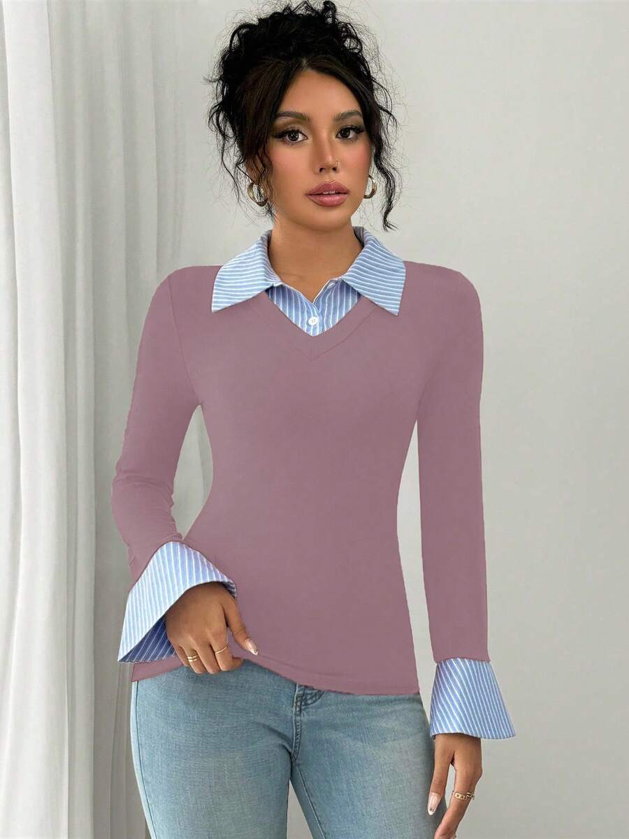 Selianne Elegant Commuter Striped Collared Flared Long Sleeve Knitted T-Shirt For Women