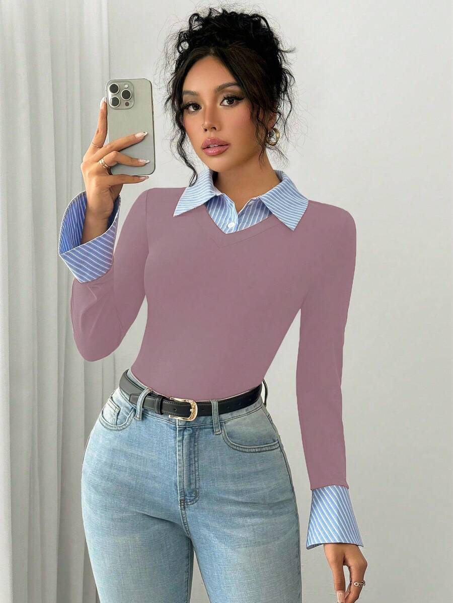 Selianne Elegant Commuter Striped Collared Flared Long Sleeve Knitted T-Shirt For Women
