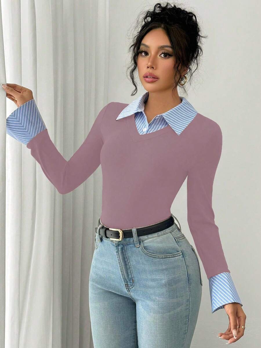 Selianne Elegant Commuter Striped Collared Flared Long Sleeve Knitted T-Shirt For Women