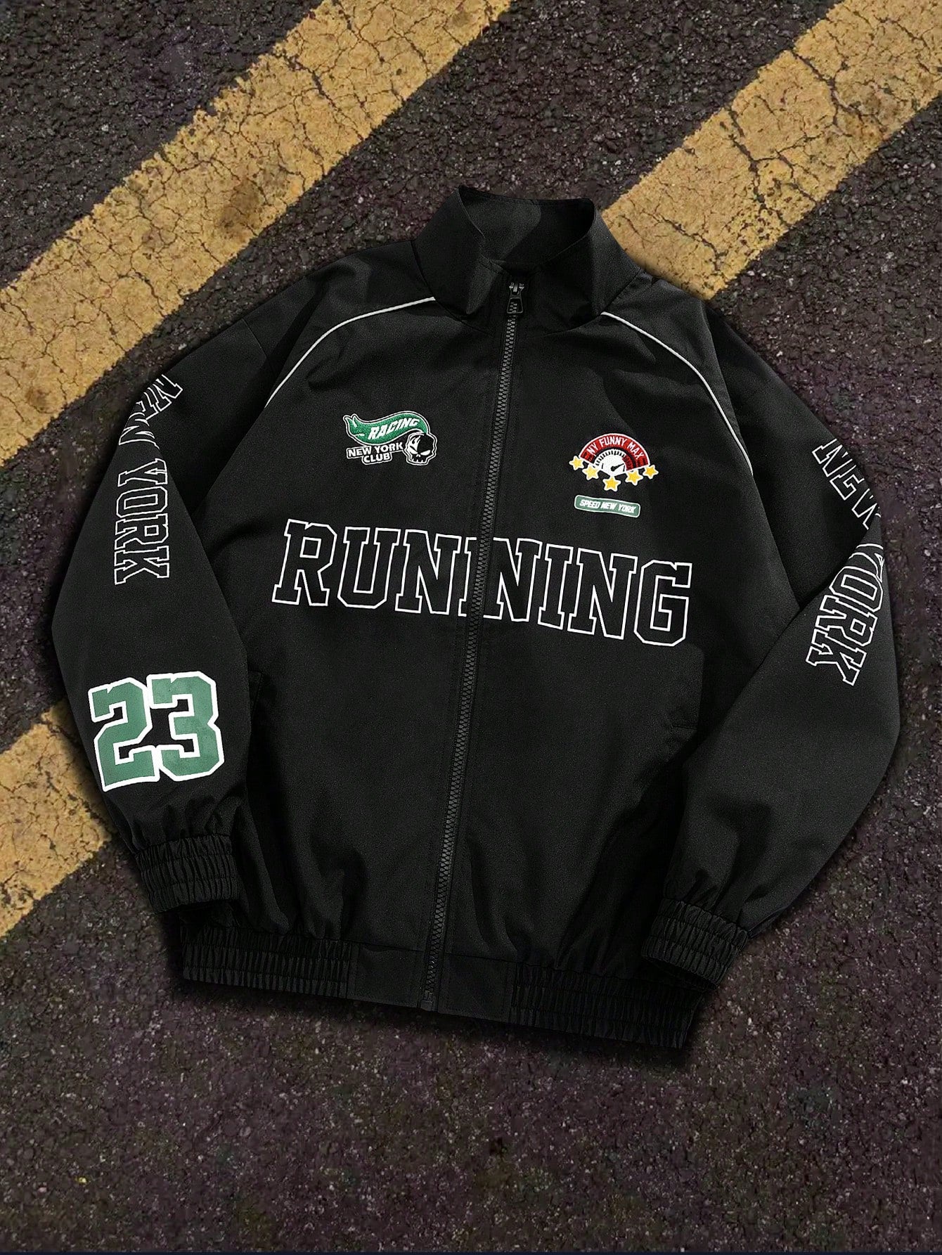 Men's Casual Colorblocked Letter Printed Long Sleeve Jacket, Spring & Fall Going Out Street Wear Racing Jacket Black Biker Jacket, For Friends, Husband, Boyfriend Gifts