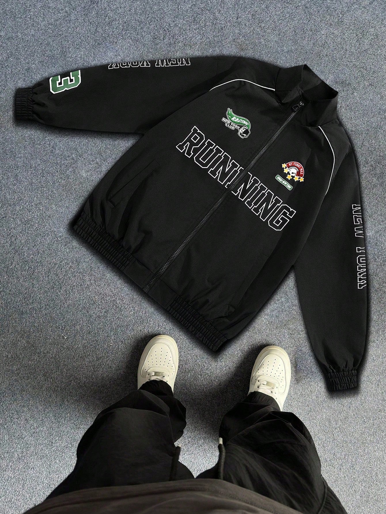 Men's Casual Colorblocked Letter Printed Long Sleeve Jacket, Spring & Fall Going Out Street Wear Racing Jacket Black Biker Jacket, For Friends, Husband, Boyfriend Gifts