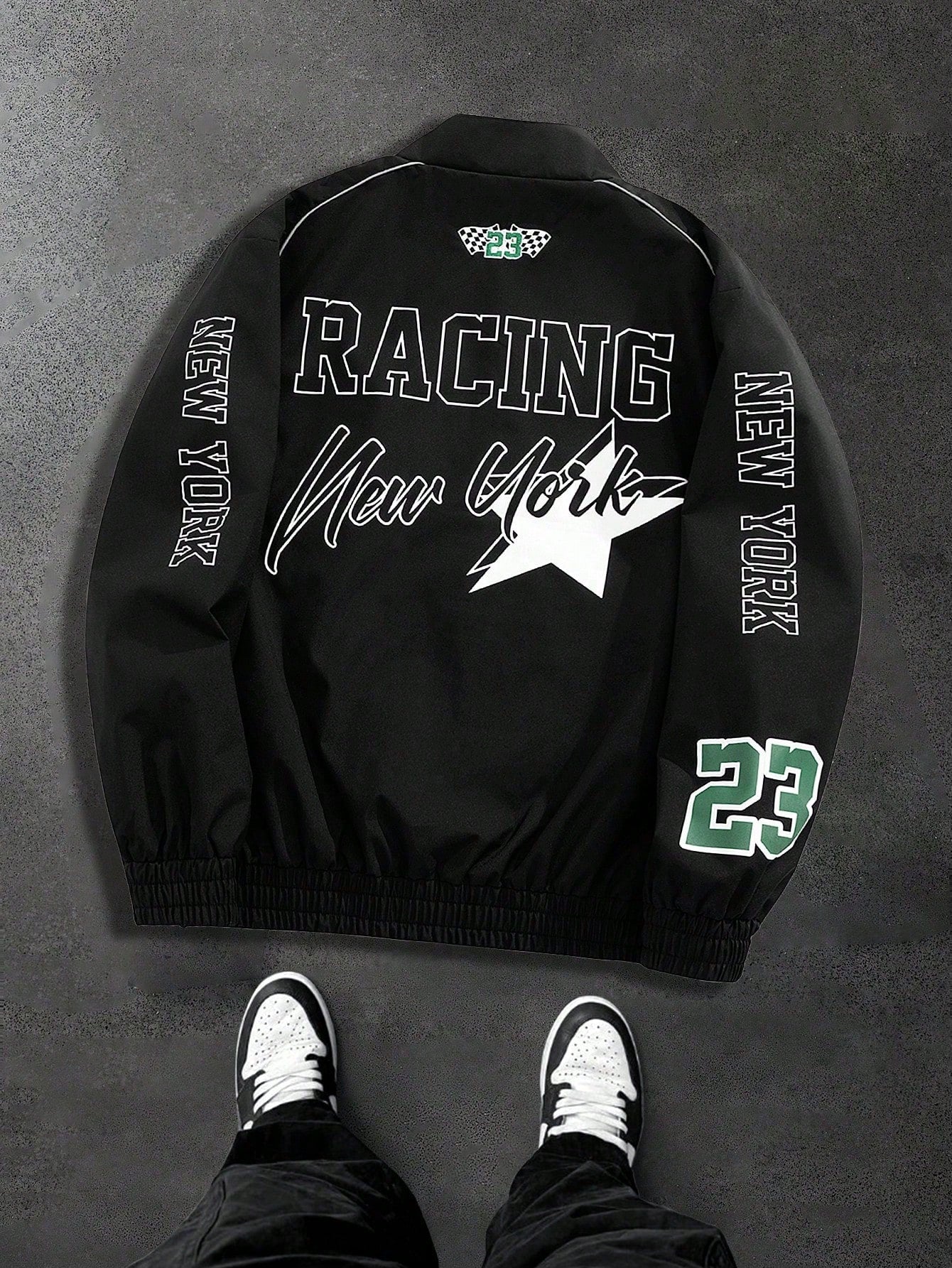 Men's Casual Colorblocked Letter Printed Long Sleeve Jacket, Spring & Fall Going Out Street Wear Racing Jacket Black Biker Jacket, For Friends, Husband, Boyfriend Gifts