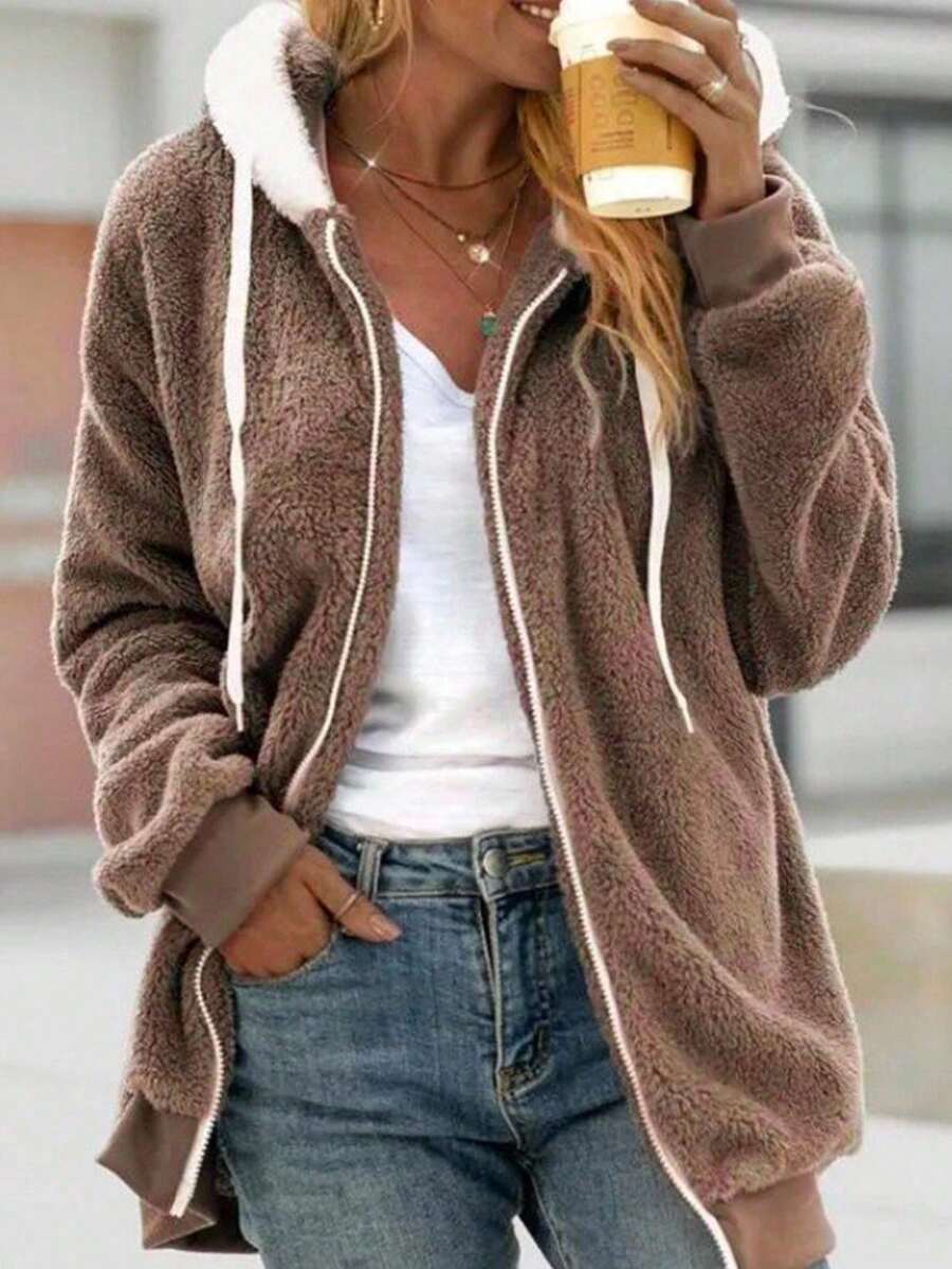 INAWLY Women's Zip-Up Drawstring Hooded Fleece Jacket, Regular Fit, Autumn/Winter