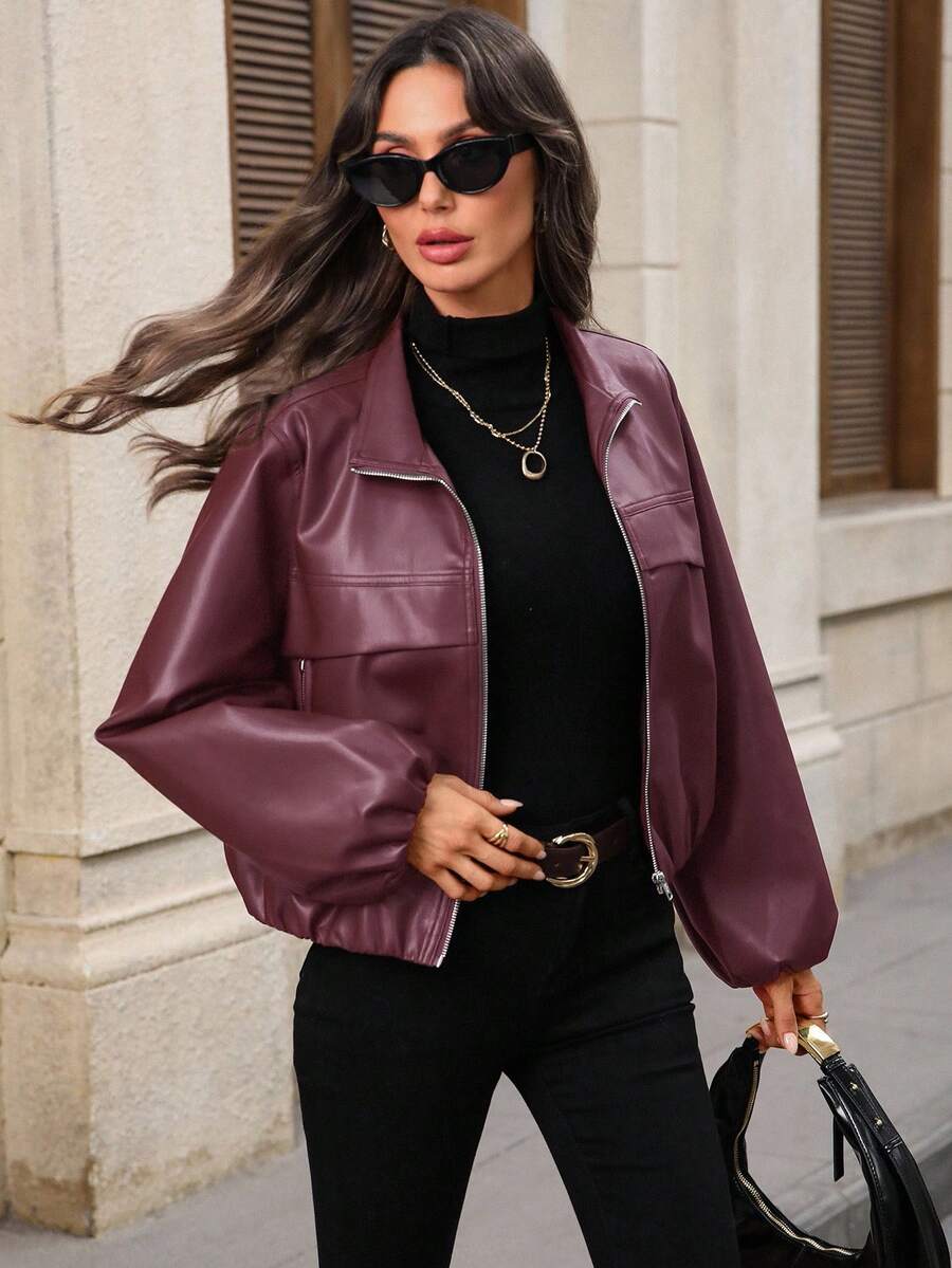 EMERY ROSE Women's Solid Color Lantern Sleeve Zipper Front PU Leather Jacket, Autumn