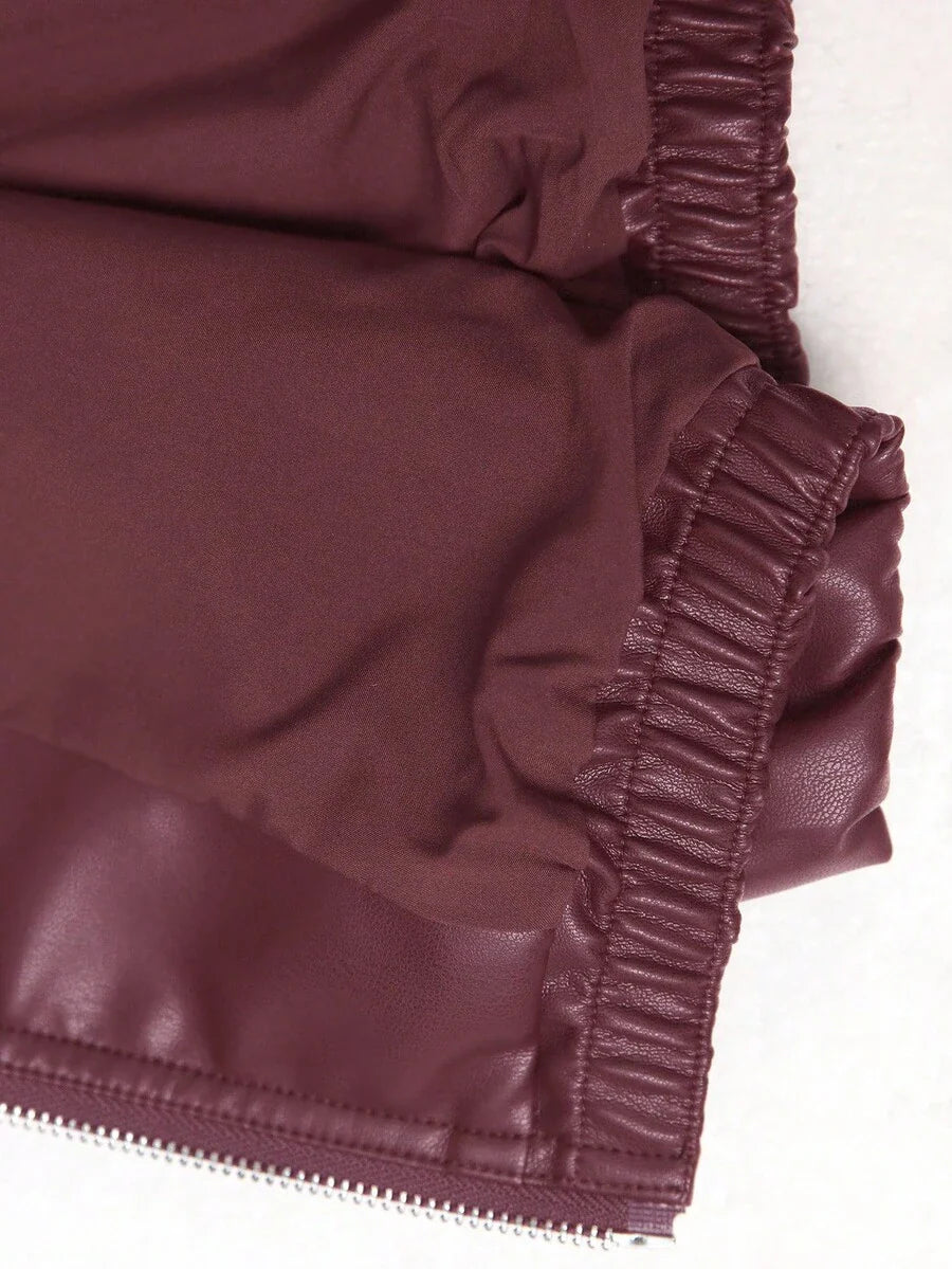 EMERY ROSE Women's Solid Color Lantern Sleeve Zipper Front PU Leather Jacket, Autumn