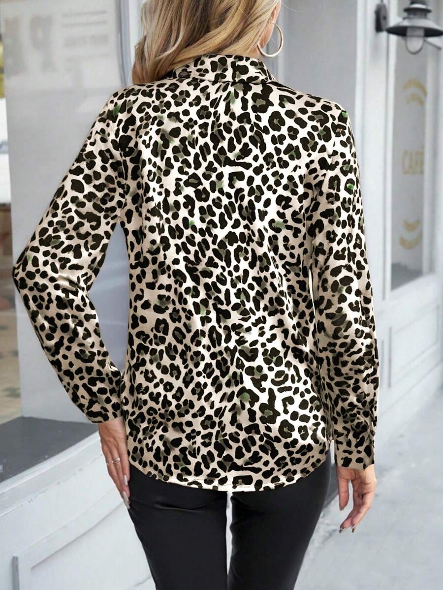 Autumn and Winter Women's Fashion Elegant Temperament Commuter Spring and Autumn Leopard Brown Long Sleeve Fitted Formal Shoulder Shirt
