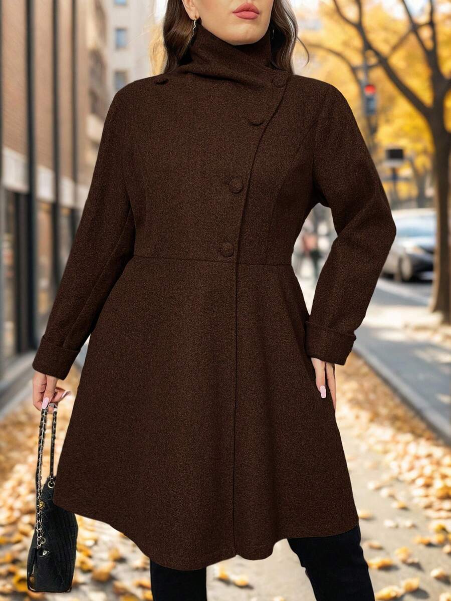 SHEIN Privé Plus Size Women's Fashion Runway Asymmetric A-Line Gray Overcoat, Suitable For Minimalist Outings And Elegant Dates In Winter