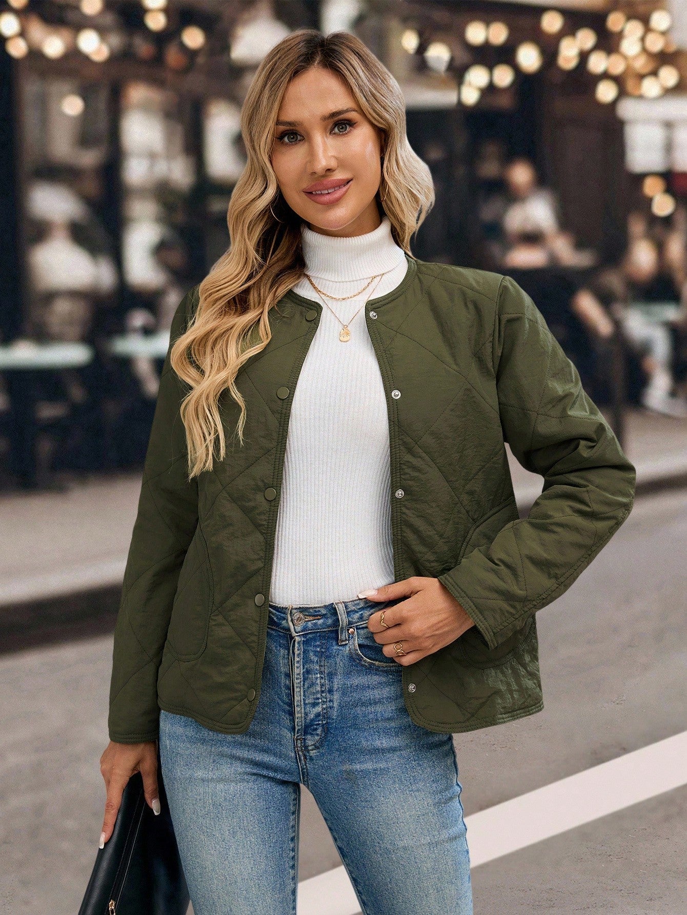 EMERY ROSE Women's Quilted Button-Up Padded Coat, Warm For Autumn/Winter Quilted Jacket Green Jacket Women Jacket Crop Jacket