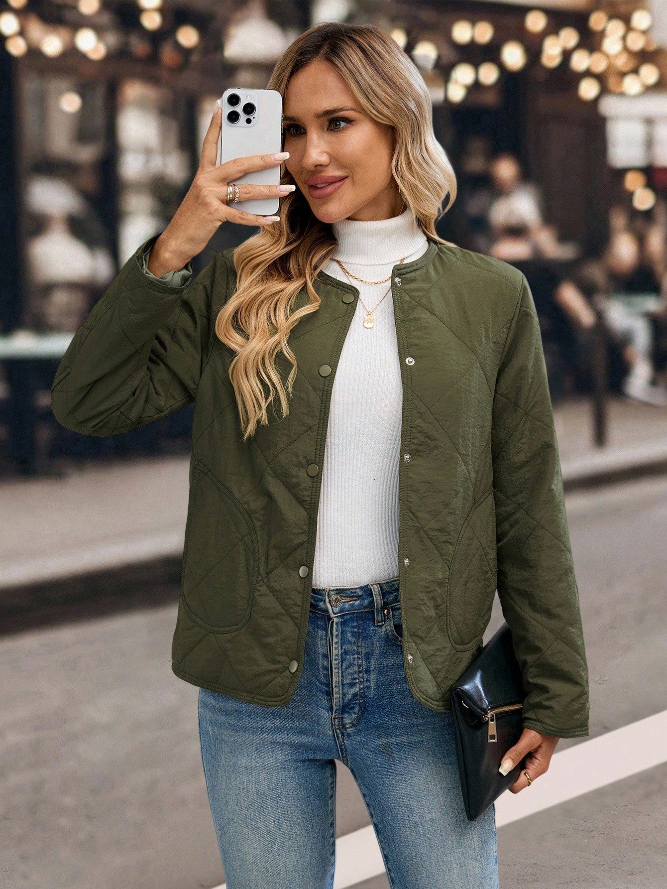 EMERY ROSE Women's Quilted Button-Up Padded Coat, Warm For Autumn/Winter Quilted Jacket Green Jacket Women Jacket Crop Jacket