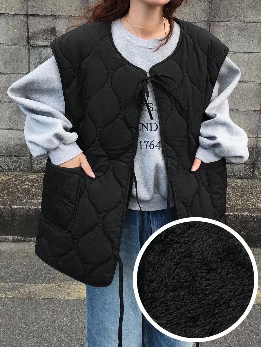 FRIFUL Women's Black Solid Color Lace-Up Tie Lamb Wool Lining Round Neck Pocket Decorative Stitching Quilted Vest Jacket, Autumn/Fall