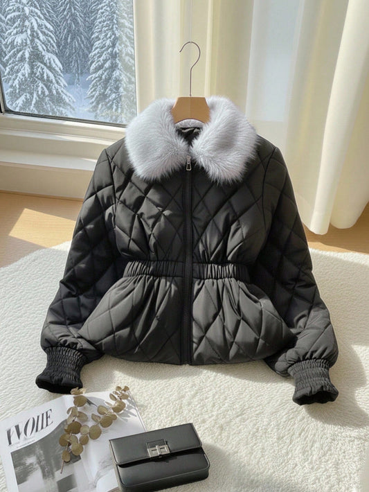 Elenzga Women's Elegant Cinched Waist A-Line Long Sleeve Diamond Pattern Fur Collar Solid Color Minimalist High-End Casual Cotton Jacket, Suitable For Outings In Autumn/Winter