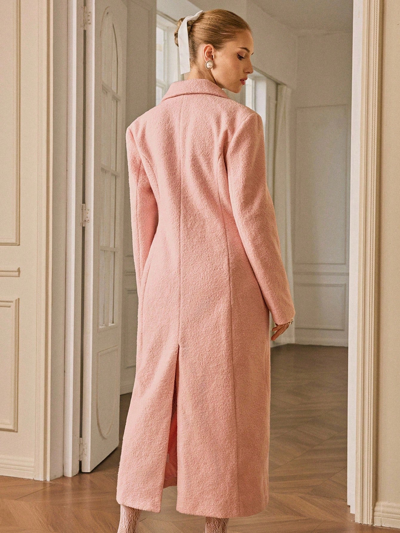 Aveloria Rosie Elegant Vintage-Inspired Double-Breasted Lapel Wool Blend Long Coat, Fitted Waist Design, Pink, Autumn/Winter