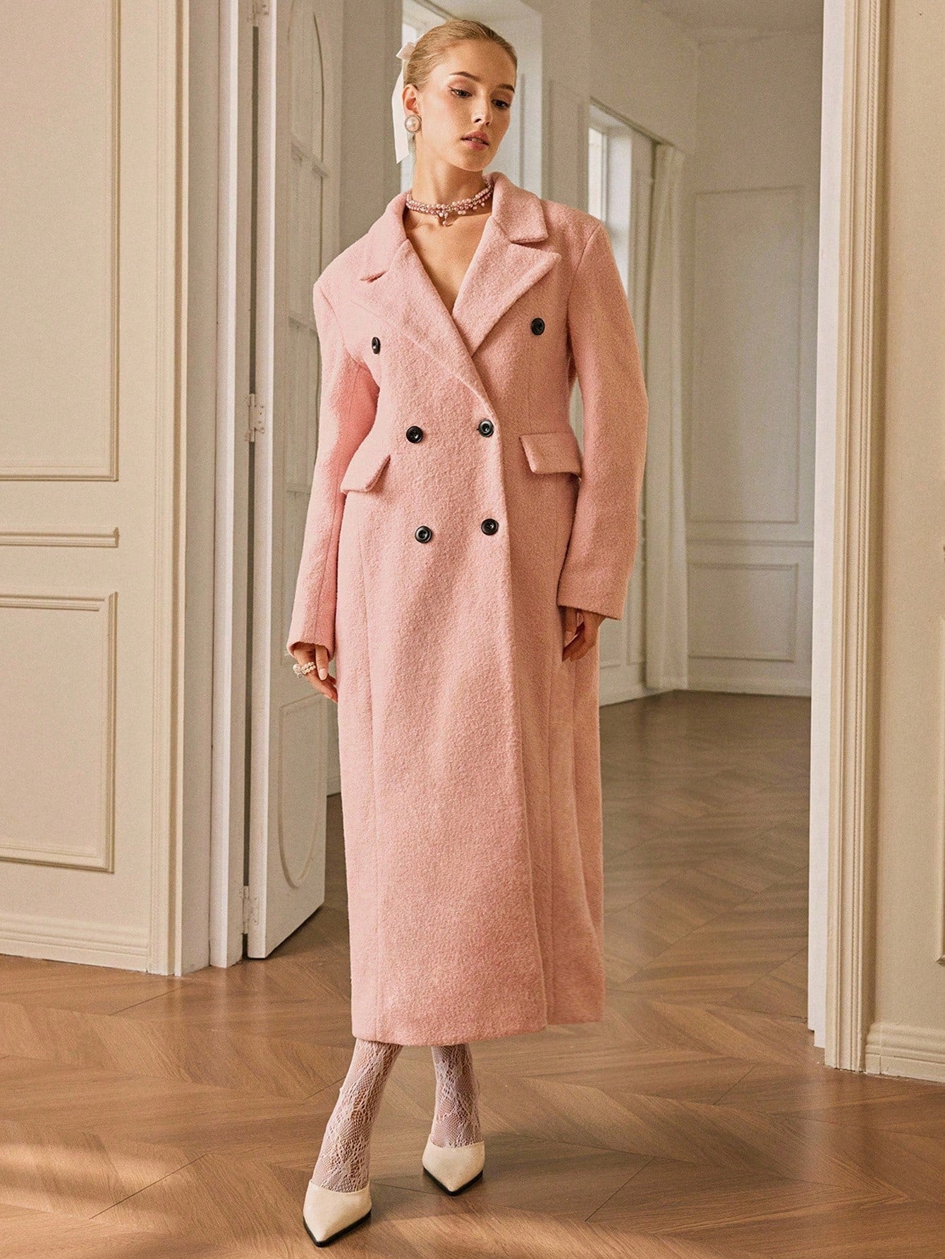 Aveloria Rosie Elegant Vintage-Inspired Double-Breasted Lapel Wool Blend Long Coat, Fitted Waist Design, Pink, Autumn/Winter