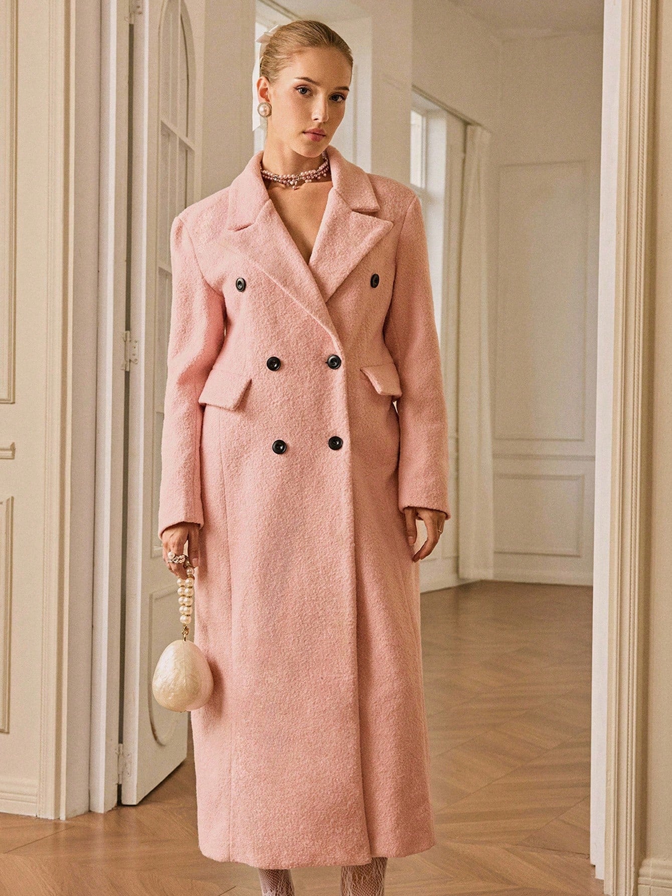Aveloria Rosie Elegant Vintage-Inspired Double-Breasted Lapel Wool Blend Long Coat, Fitted Waist Design, Pink, Autumn/Winter