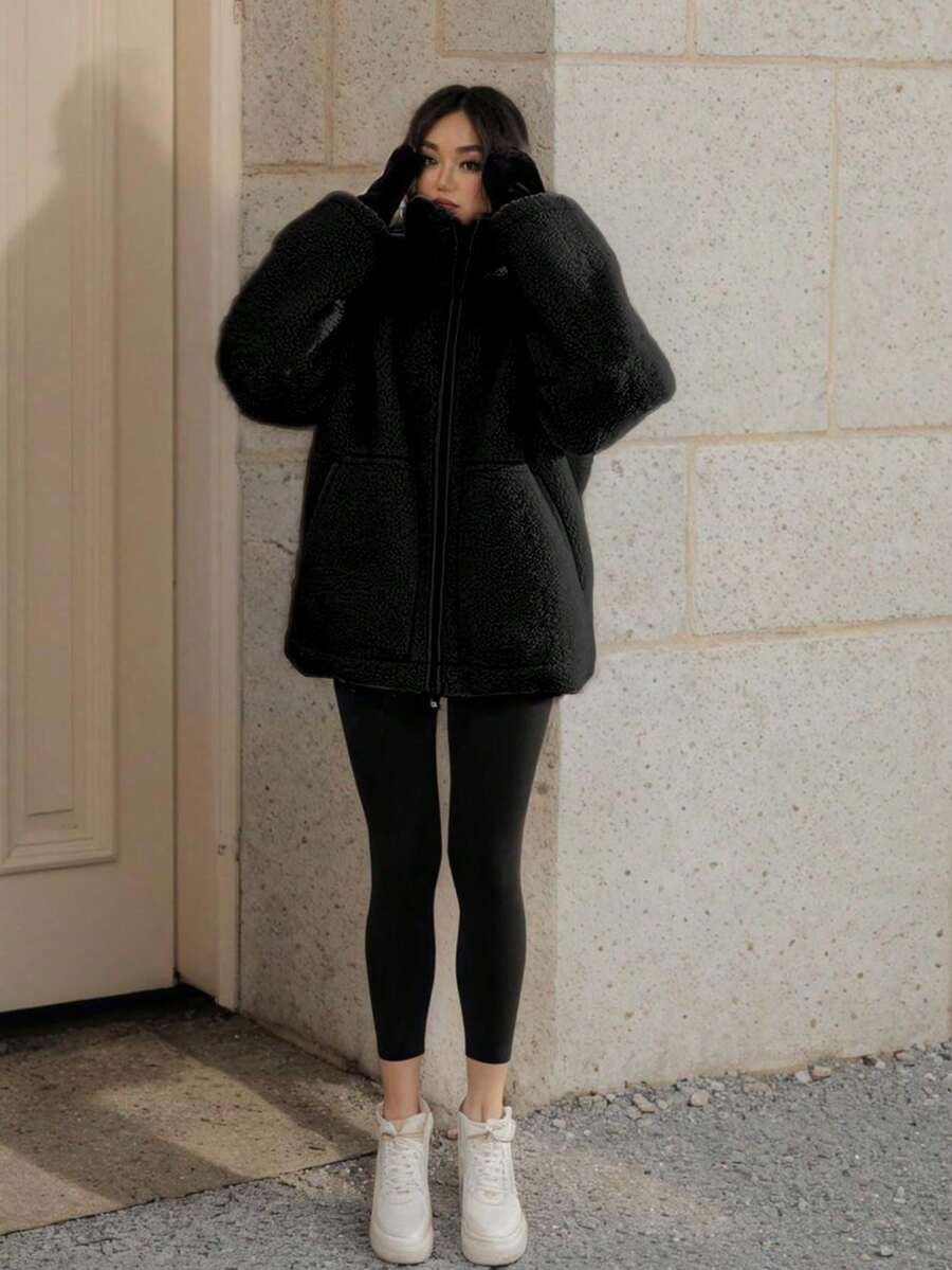 1pc Fashionable Versatile Pocket Teddy Fleece Jacket, Everyday Wear, Winter