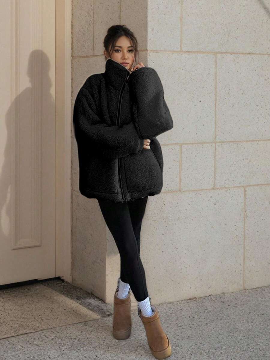 1pc Fashionable Versatile Pocket Teddy Fleece Jacket, Everyday Wear, Winter