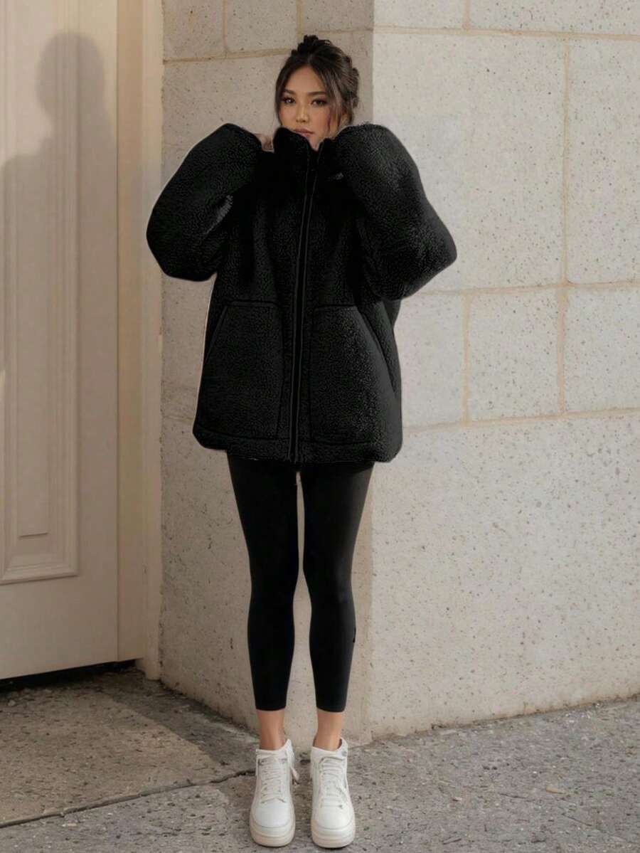 1pc Fashionable Versatile Pocket Teddy Fleece Jacket, Everyday Wear, Winter
