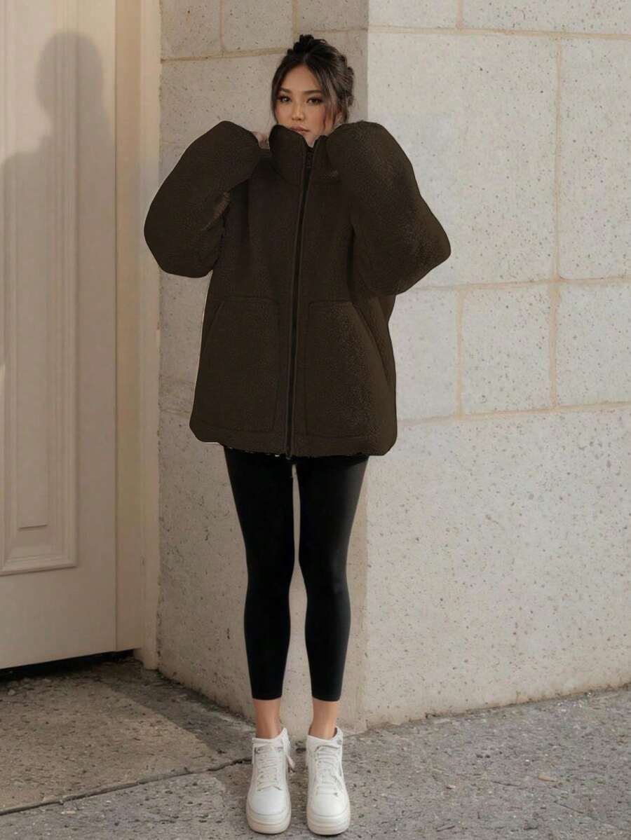1pc Fashionable Versatile Pocket Teddy Fleece Jacket, Everyday Wear, Winter