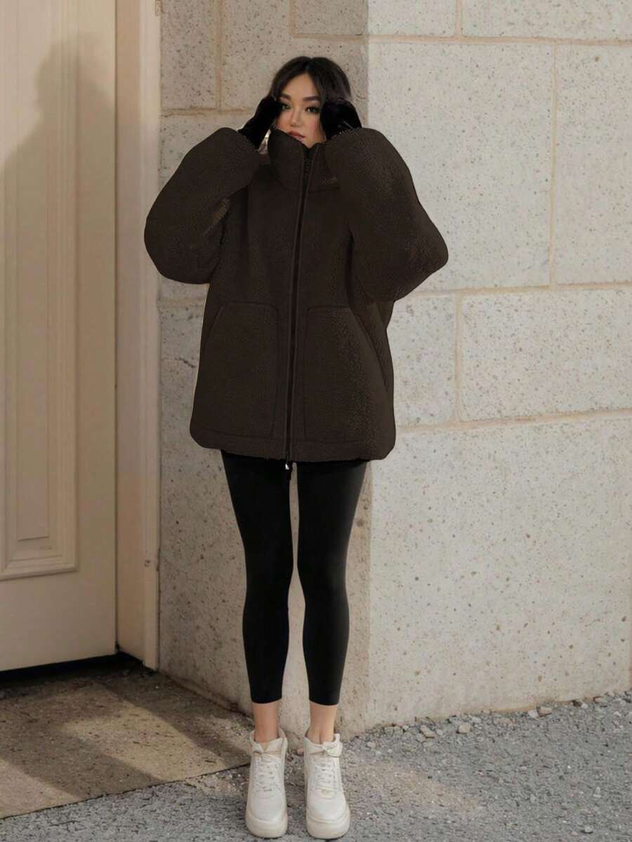 1pc Fashionable Versatile Pocket Teddy Fleece Jacket, Everyday Wear, Winter