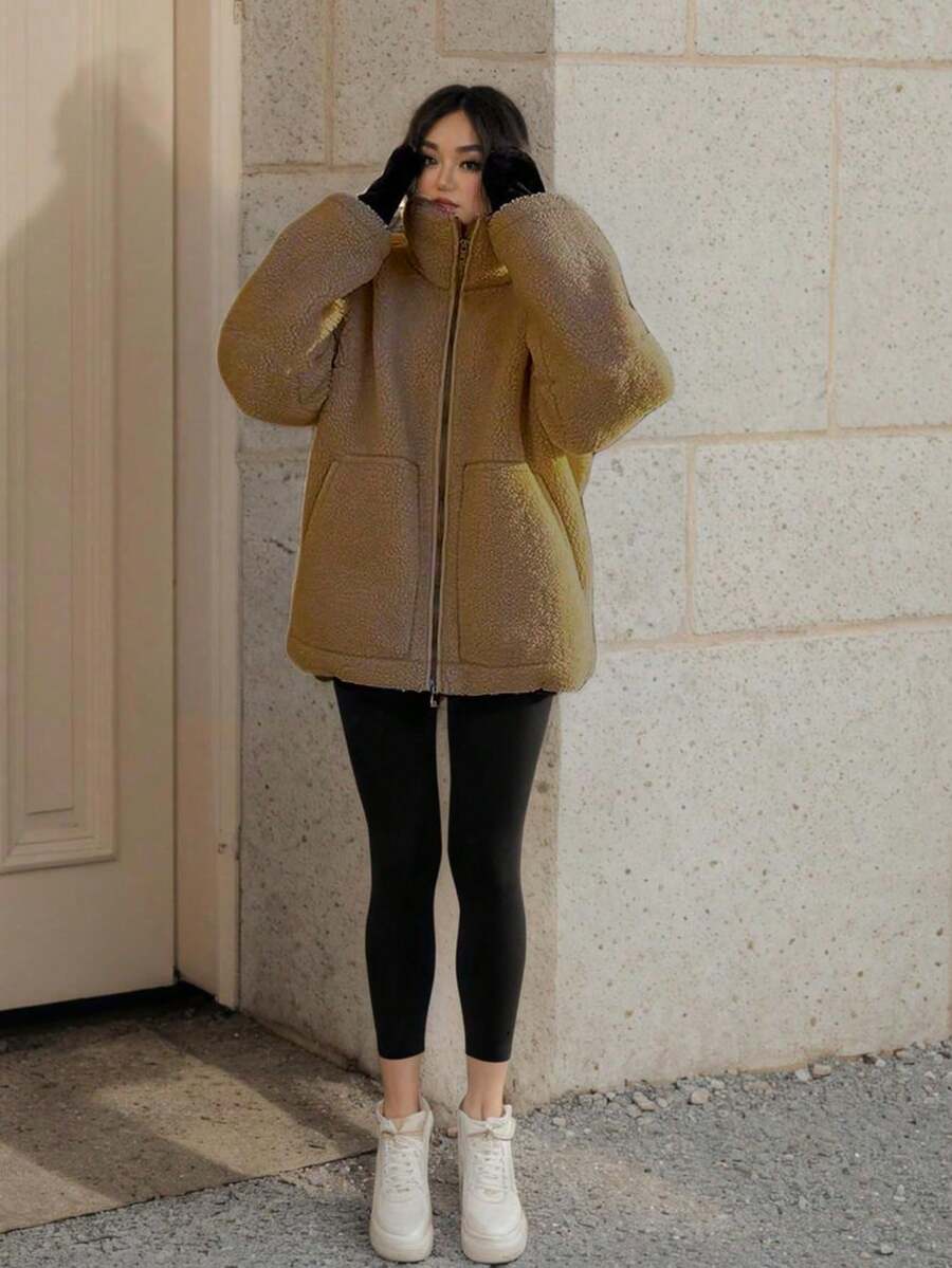 1pc Fashionable Versatile Pocket Teddy Fleece Jacket, Everyday Wear, Winter