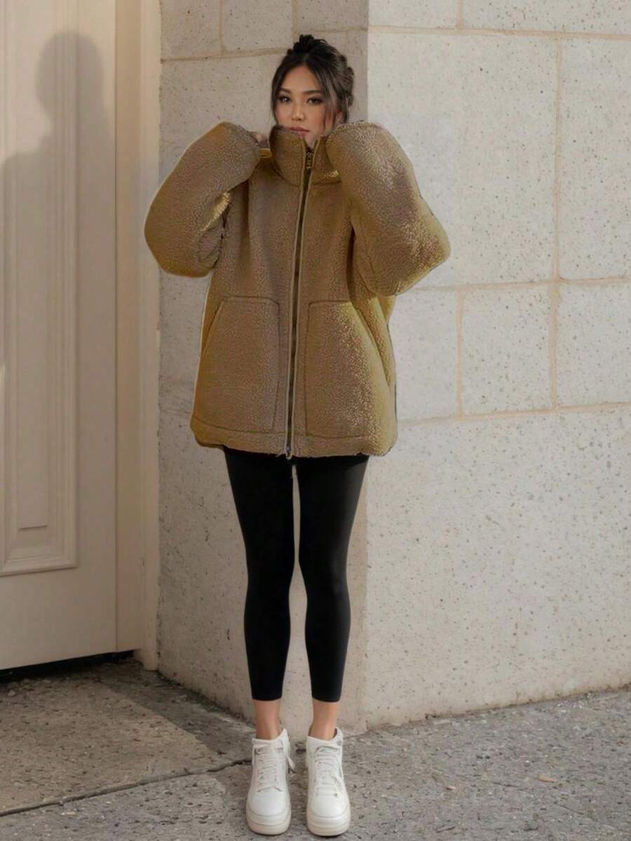 1pc Fashionable Versatile Pocket Teddy Fleece Jacket, Everyday Wear, Winter