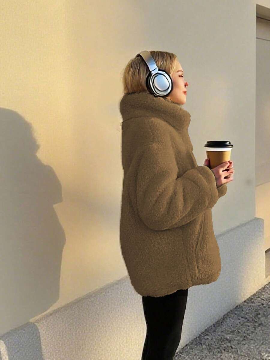 1pc Fashionable Versatile Pocket Teddy Fleece Jacket, Everyday Wear, Winter