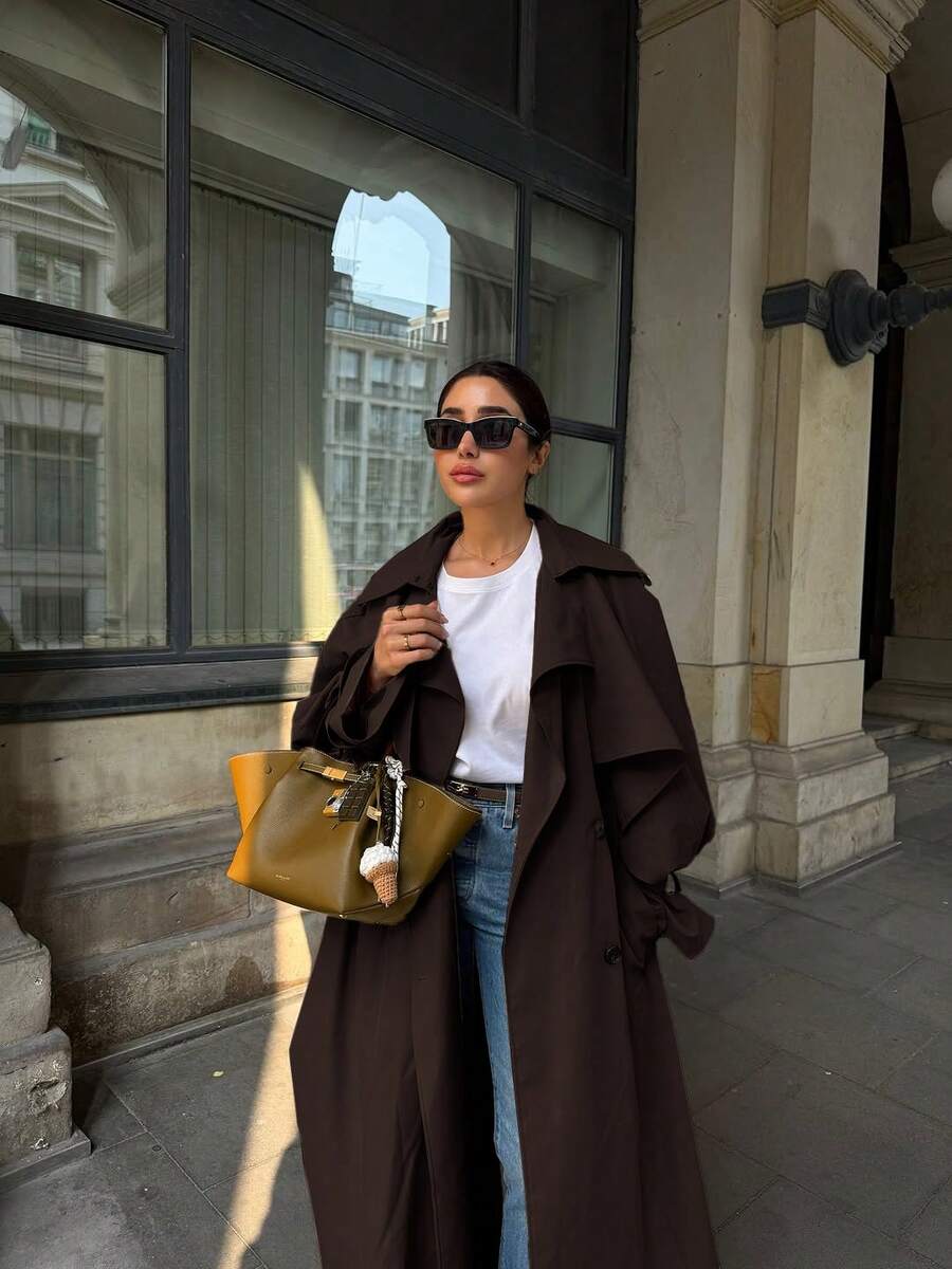 Women's Casual Elegant Long Windbreaker Jacket - Pockets, Flat Lapel Collar, Dolman Sleeves, Tie Waist Belt, Adjustable Cuffs