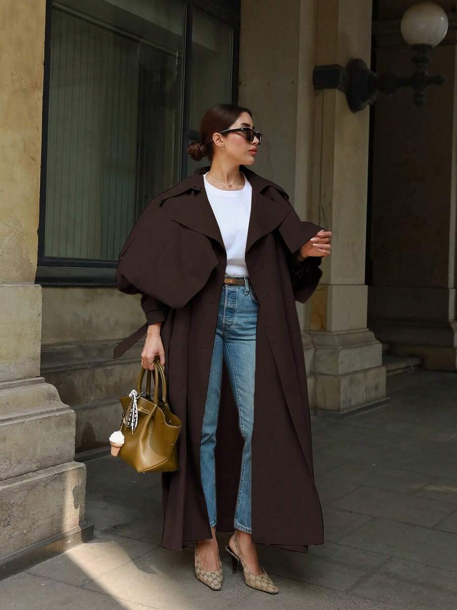 Women's Casual Elegant Long Windbreaker Jacket - Pockets, Flat Lapel Collar, Dolman Sleeves, Tie Waist Belt, Adjustable Cuffs