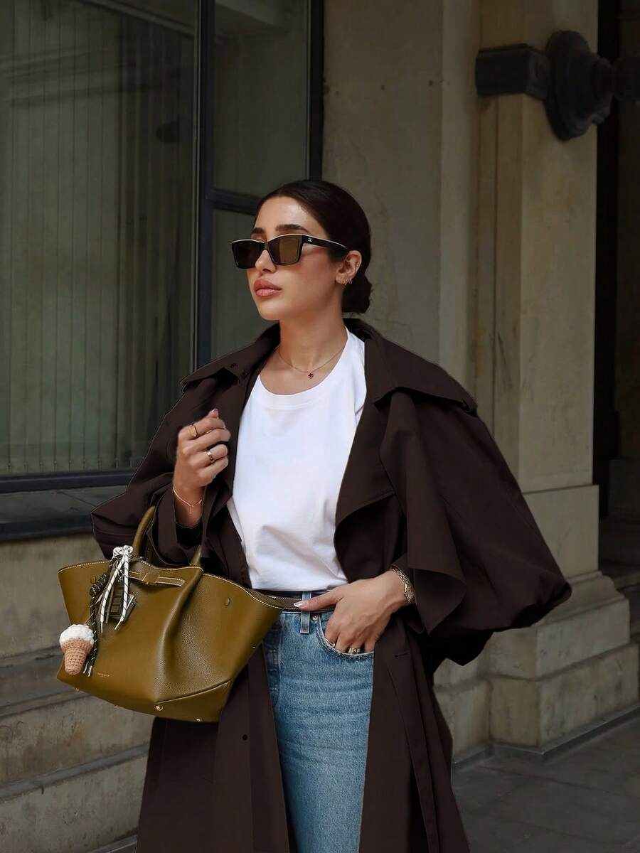 Women's Casual Elegant Long Windbreaker Jacket - Pockets, Flat Lapel Collar, Dolman Sleeves, Tie Waist Belt, Adjustable Cuffs