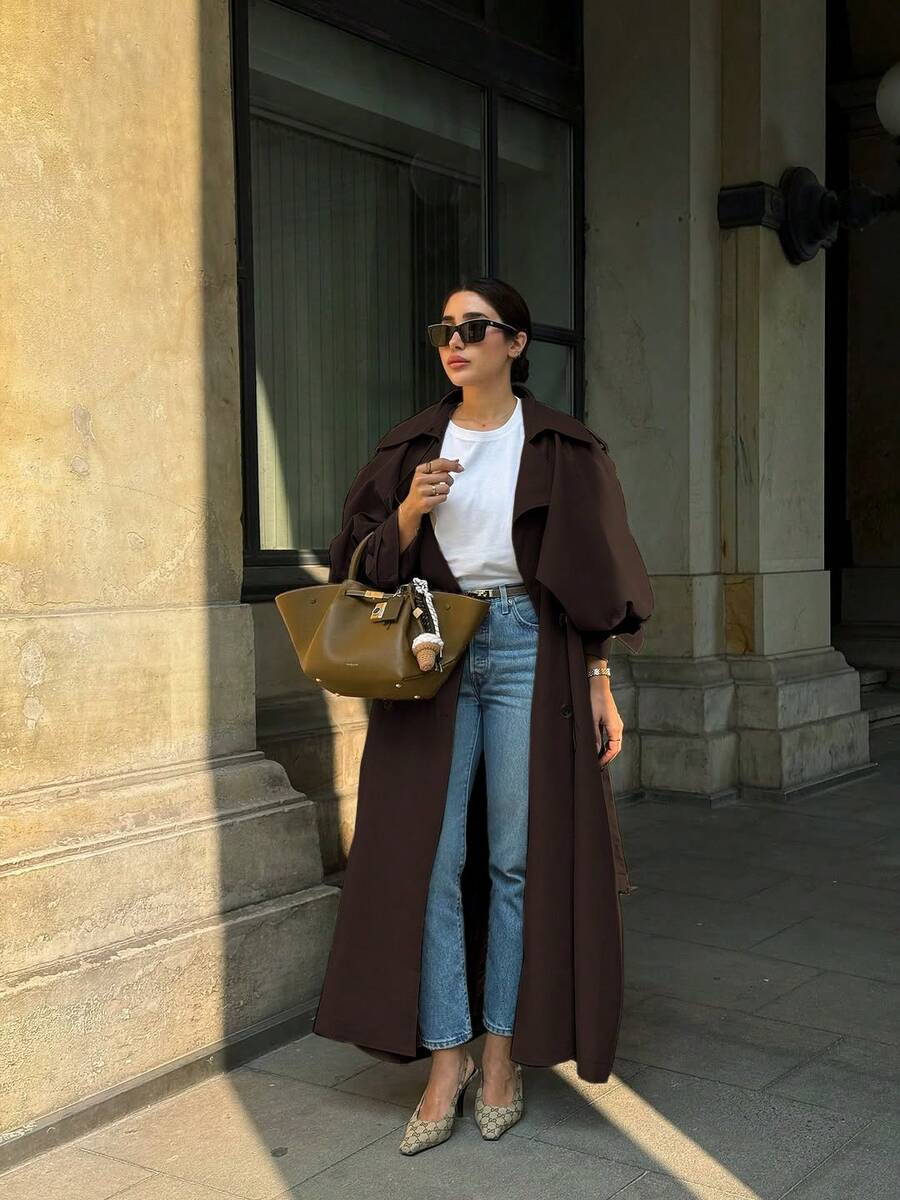Women's Casual Elegant Long Windbreaker Jacket - Pockets, Flat Lapel Collar, Dolman Sleeves, Tie Waist Belt, Adjustable Cuffs