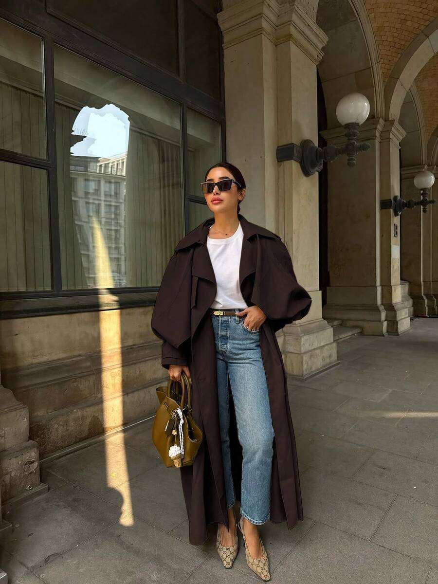 Women's Casual Elegant Long Windbreaker Jacket - Pockets, Flat Lapel Collar, Dolman Sleeves, Tie Waist Belt, Adjustable Cuffs