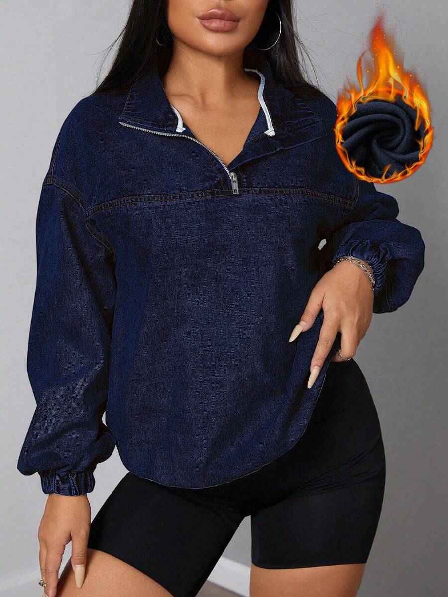 SHEIN SXY Women's Loose Casual Denim Jacket With Dropped Shoulders And Half Zipper, Spring And Autumn