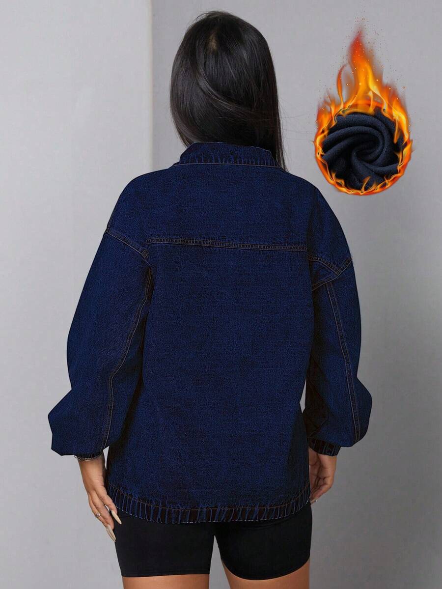SHEIN SXY Women's Loose Casual Denim Jacket With Dropped Shoulders And Half Zipper, Spring And Autumn