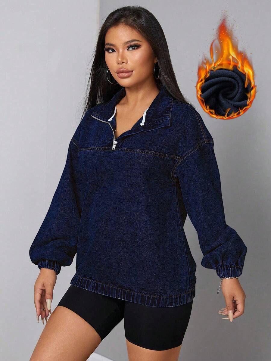 SHEIN SXY Women's Loose Casual Denim Jacket With Dropped Shoulders And Half Zipper, Spring And Autumn