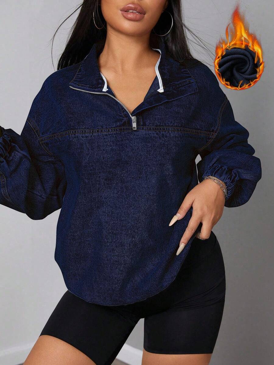 SHEIN SXY Women's Loose Casual Denim Jacket With Dropped Shoulders And Half Zipper, Spring And Autumn