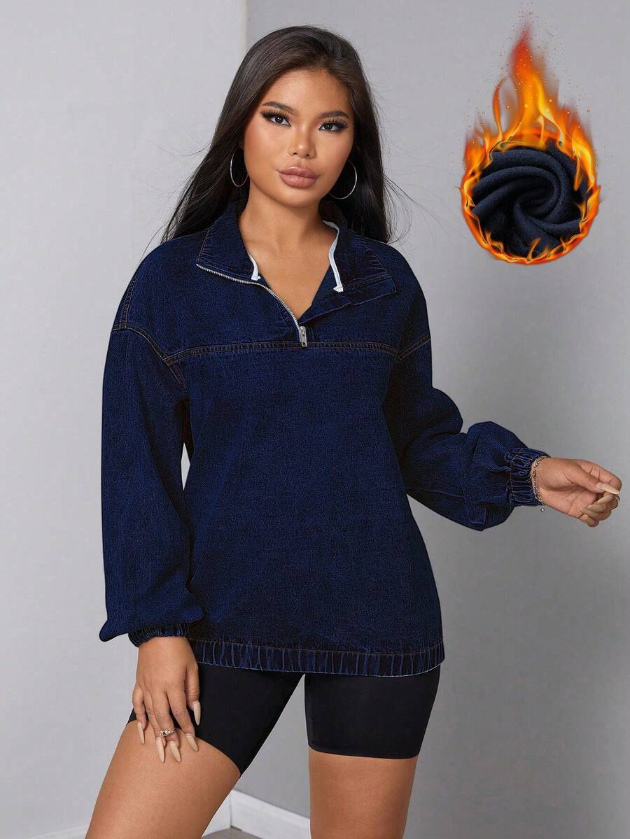 SHEIN SXY Women's Loose Casual Denim Jacket With Dropped Shoulders And Half Zipper, Spring And Autumn