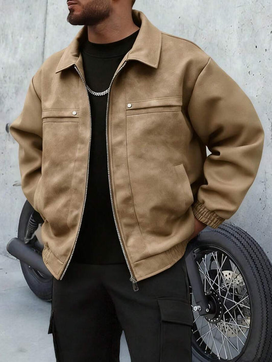 1 Piece Men's Vintage Worn Full Zipper Lapel Leather Jacket, Spring Autumn Men's Motorcycle Style Casual PU Leather Coat.