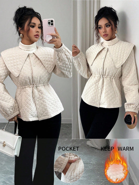 Elenzga This Is A New Winter Coat For Women, Featuring Afashionable And Elegant Commuting Style.Lt Comesin Apricot-Shaped Diamond-Quilted Design With Alarge Peter Pan Collar, Adjustable Buttons, A Cinched Waistand A Fitted Figure. Lt Also Has Double Pock