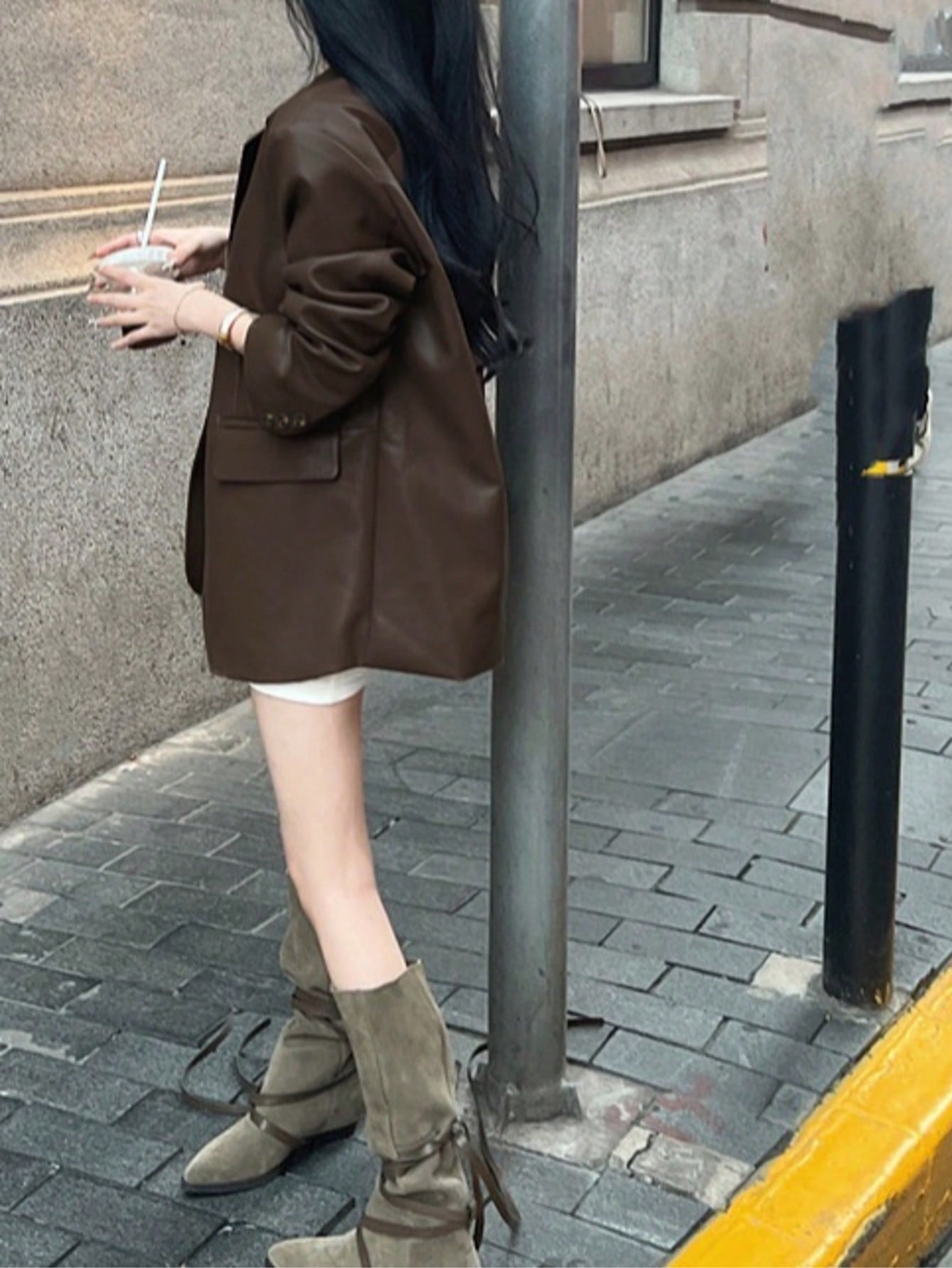 Women's Fashion PU Leather Jacket, Regular Length Blazer, Button Front