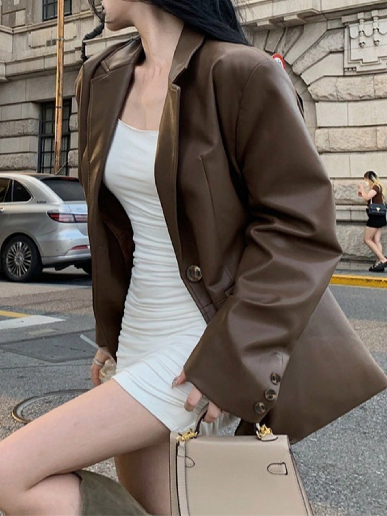 Women's Fashion PU Leather Jacket, Regular Length Blazer, Button Front